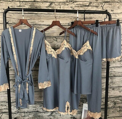 2019 Women Sleepwear 5 Pieces Pyjamas Satin Silk