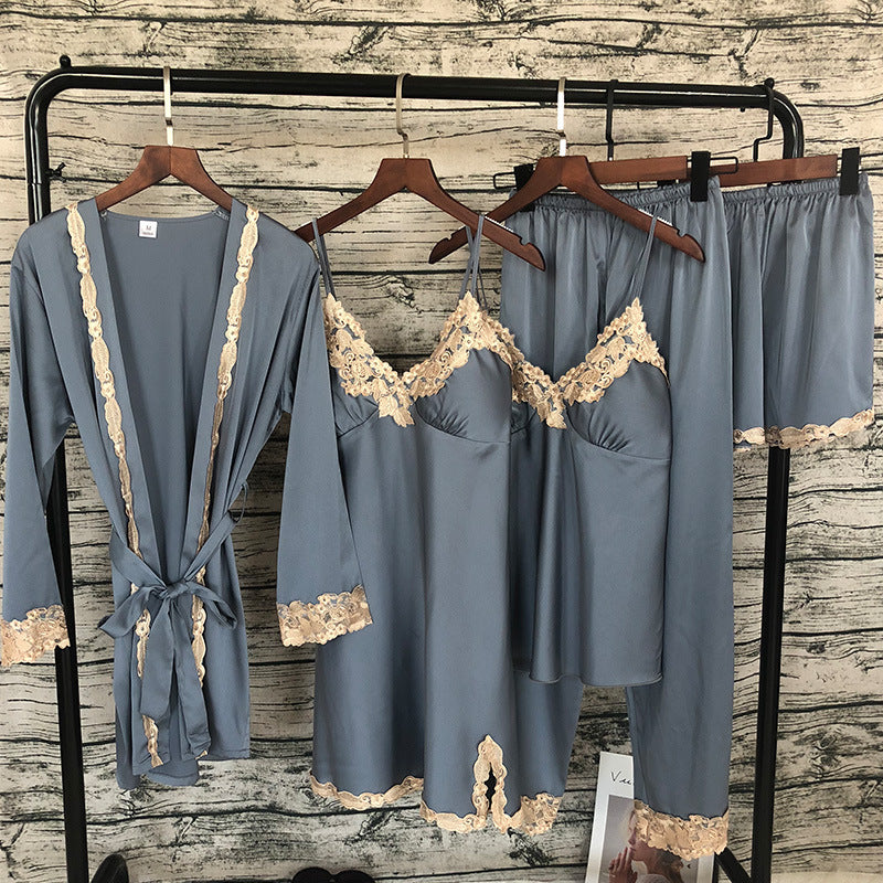 2019 Women Sleepwear 5 Pieces Pyjamas Satin Silk