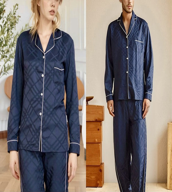 Unisex Navy Silky Button Front LongSleeves PJs Set
