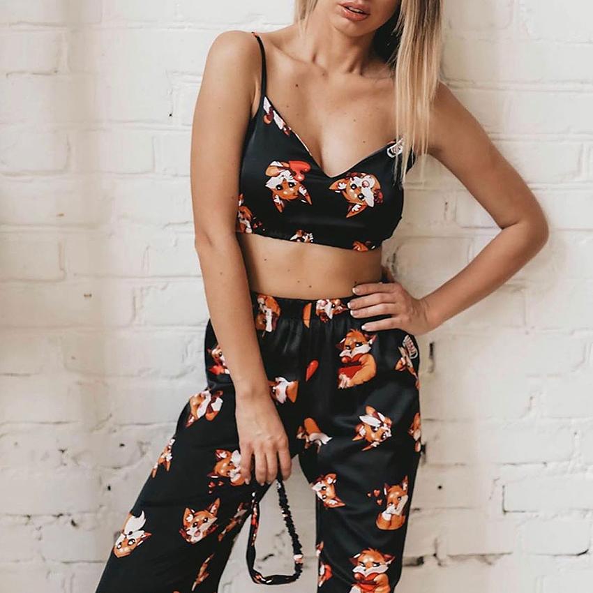 Sleepwear Two piece pajama suit watch strap top print fabric summer